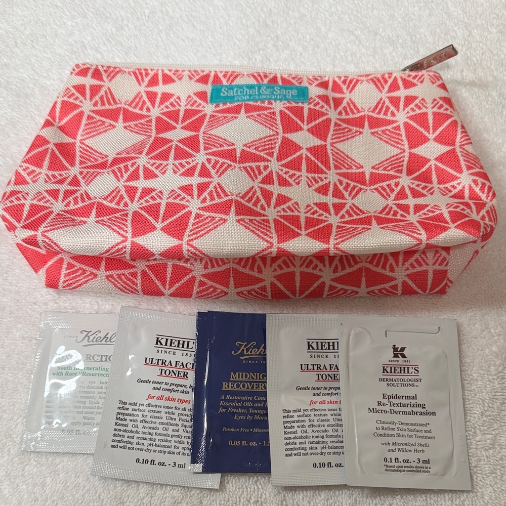 Satchel & Sage Pink Geometric Cosmetic Bag with Kiehl’s skin care samples